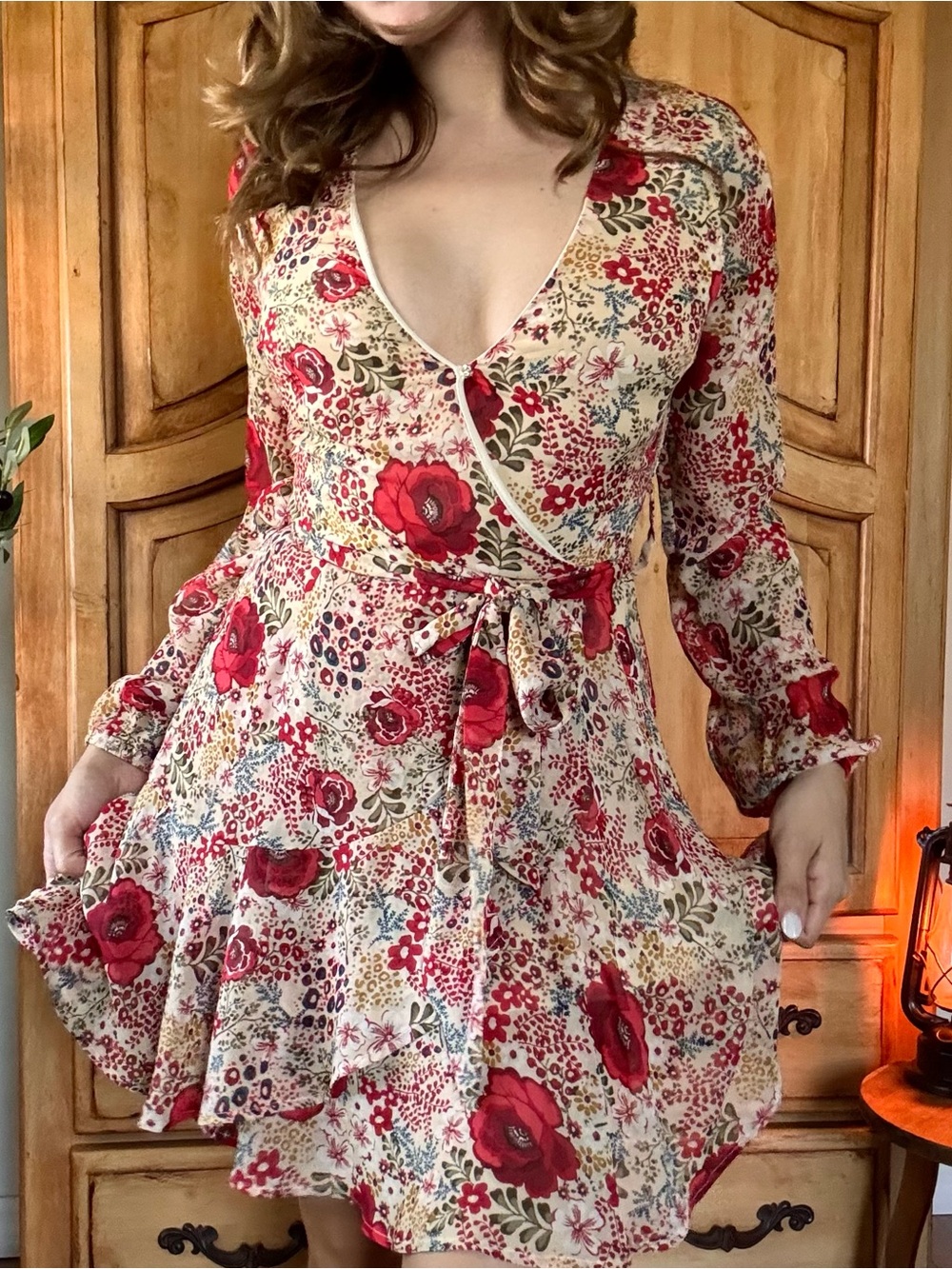 Altar'd State Cream Mini Wrap Dress with Red Floral Print